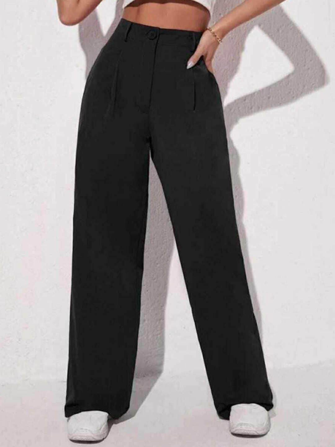 

BROADSTAR Women Relaxed Straight Leg Loose Fit High-Rise Trousers, Black