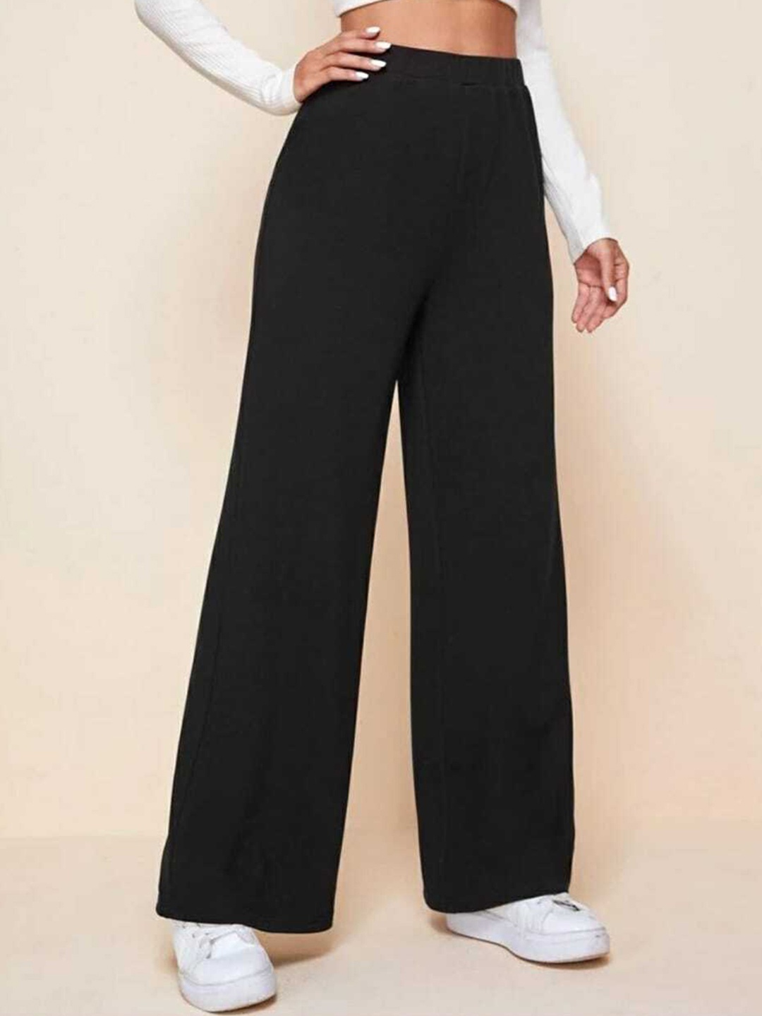 

BROADSTAR Women Black Relaxed Straight Leg Loose Fit High-Rise Easy Wash Trousers