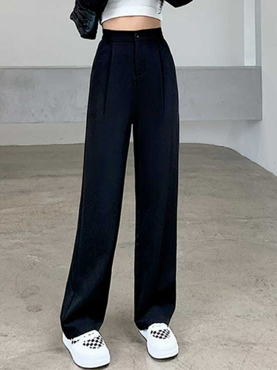 

BROADSTAR Women Relaxed Straight Leg Loose Fit High-Rise Pleated Parallel Trouser, Black