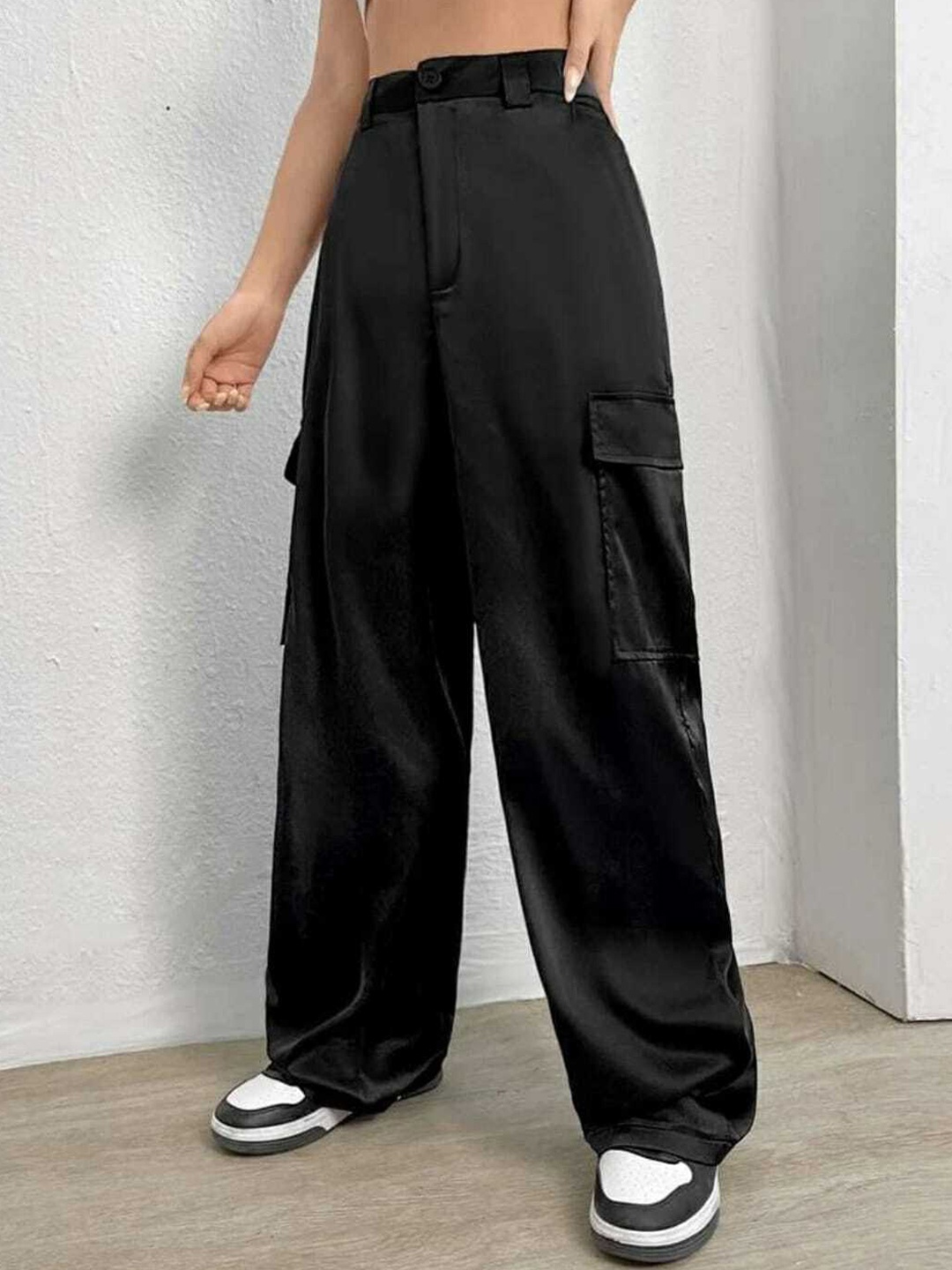 

BROADSTAR Women Relaxed Straight Leg Loose Fit High-Rise Easy Wash Trousers, Black