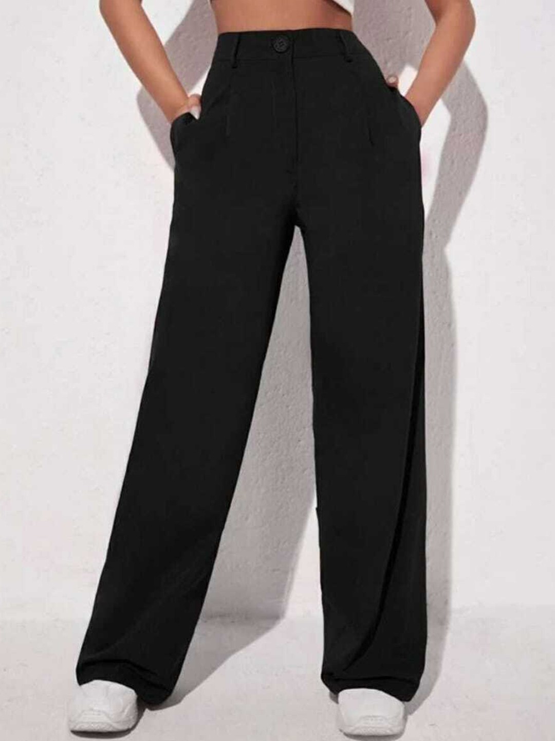 

Next One Women Relaxed Straight Leg Loose Fit High-Rise Easy Wash Pleated Trousers, Black