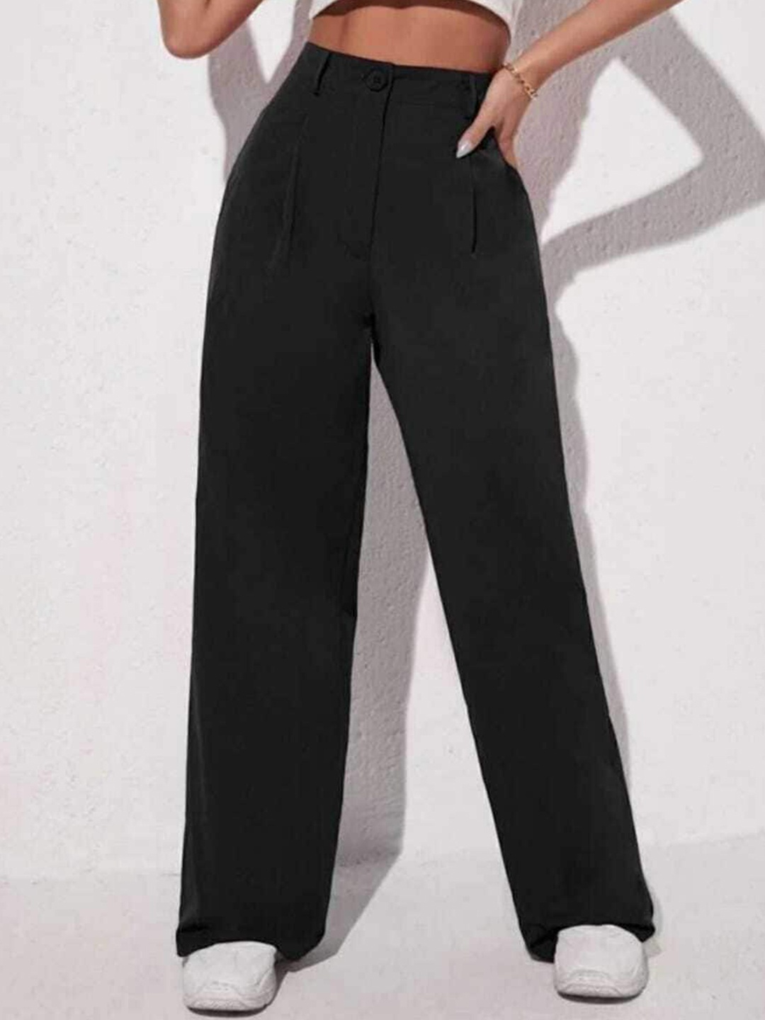 

Next One Women Relaxed Straight Leg Loose Fit High-Rise Easy Wash Trousers, Black