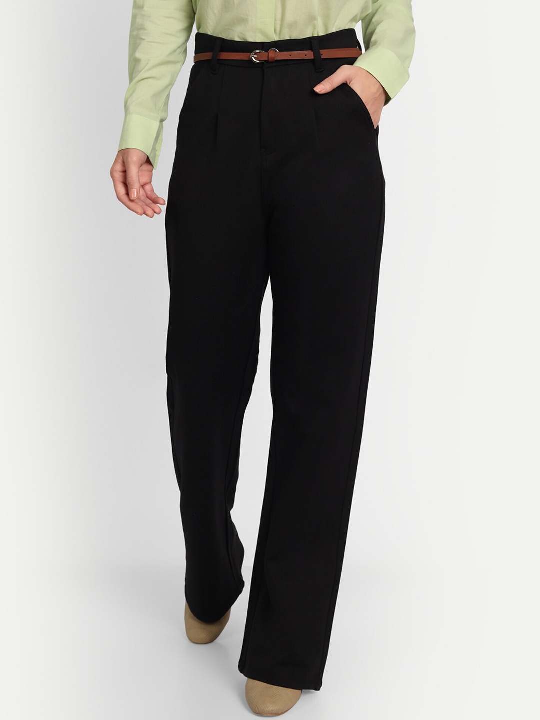 

Next One Women Black Relaxed Straight Leg Loose Fit High-Rise Easy Wash Trousers