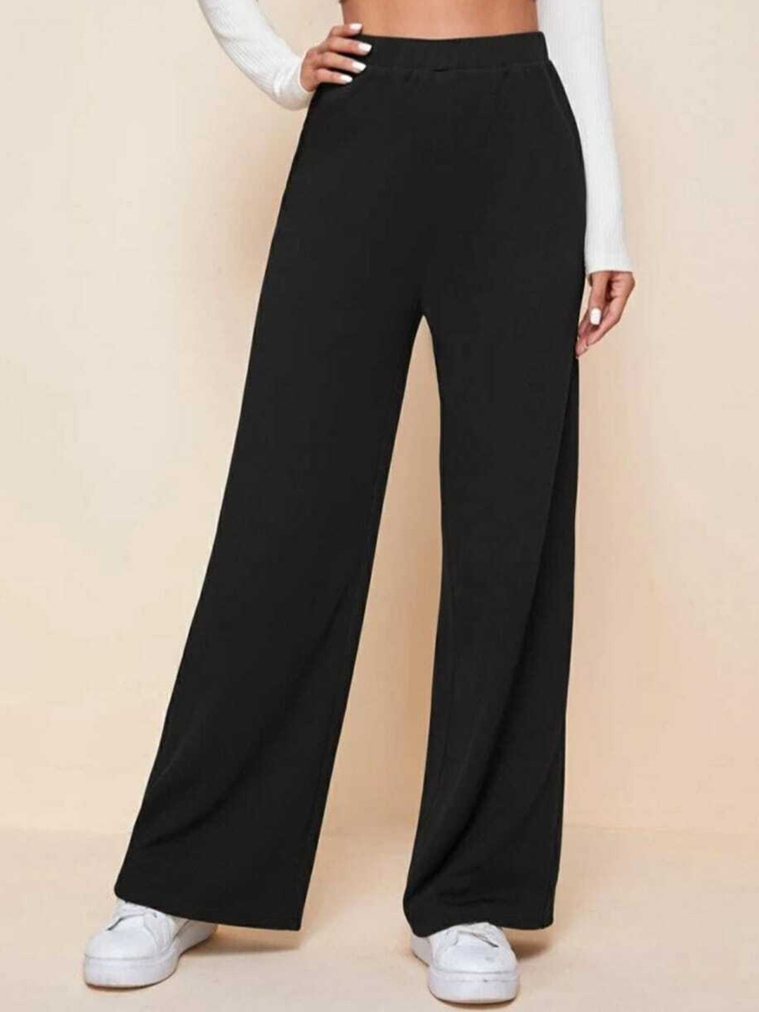 

Next One Women Black Relaxed Straight Leg Loose Fit High-Rise Easy Wash Trousers