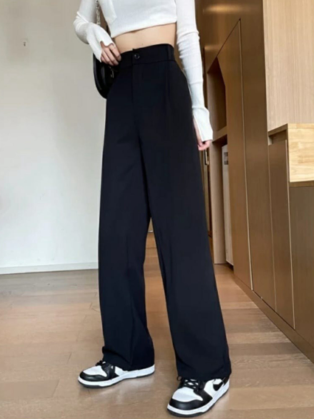 

Next One Women Relaxed Straight Leg Loose Fit High-Rise Trousers, Black