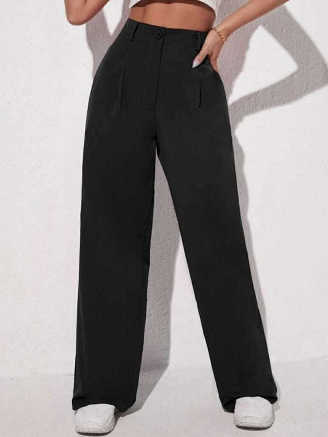 

Next One Women Relaxed Straight Leg Loose Fit High-Rise Easy Wash Pleated Parallel Trouser, Black