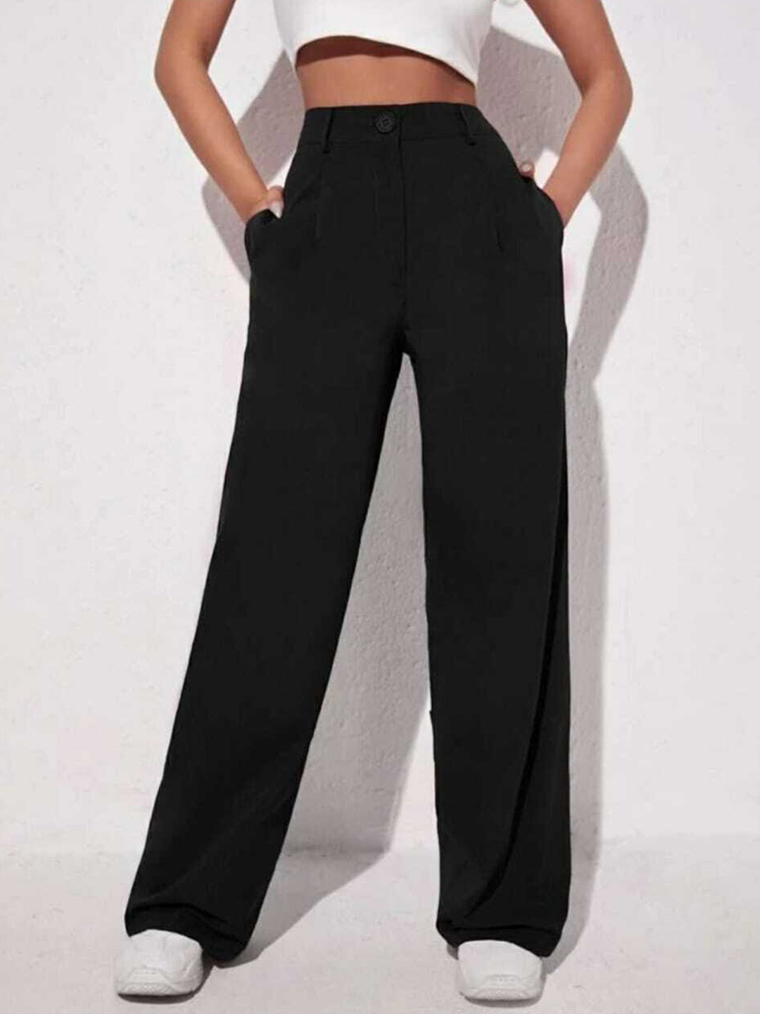 

Next One Women Black Relaxed Straight Leg Loose Fit High-Rise Easy Wash Pleated Trousers