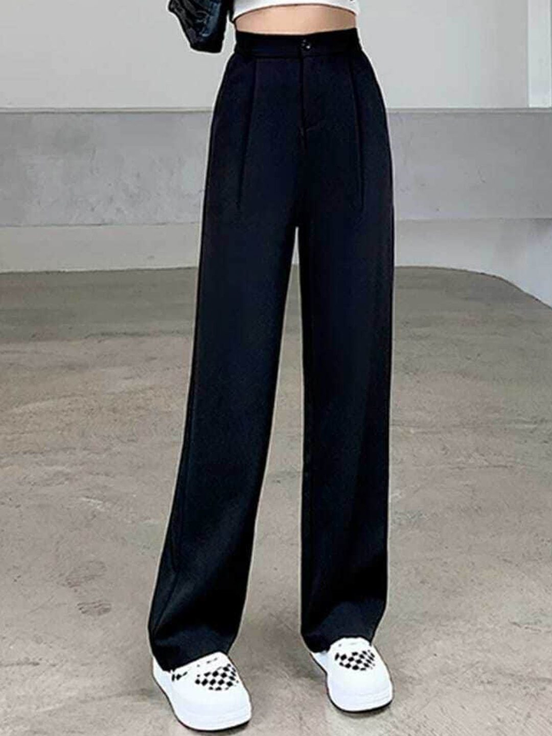 

Next One Women Black Relaxed Straight Leg Loose Fit High-Rise Easy Wash Trousers