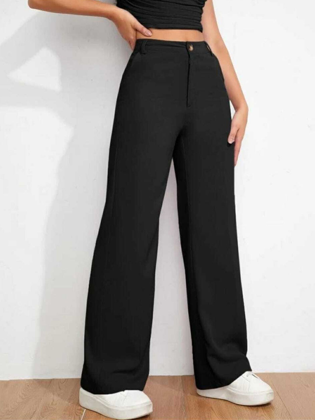 

Next One Women Black Relaxed Straight Leg Loose Fit High-Rise Easy Wash Trousers