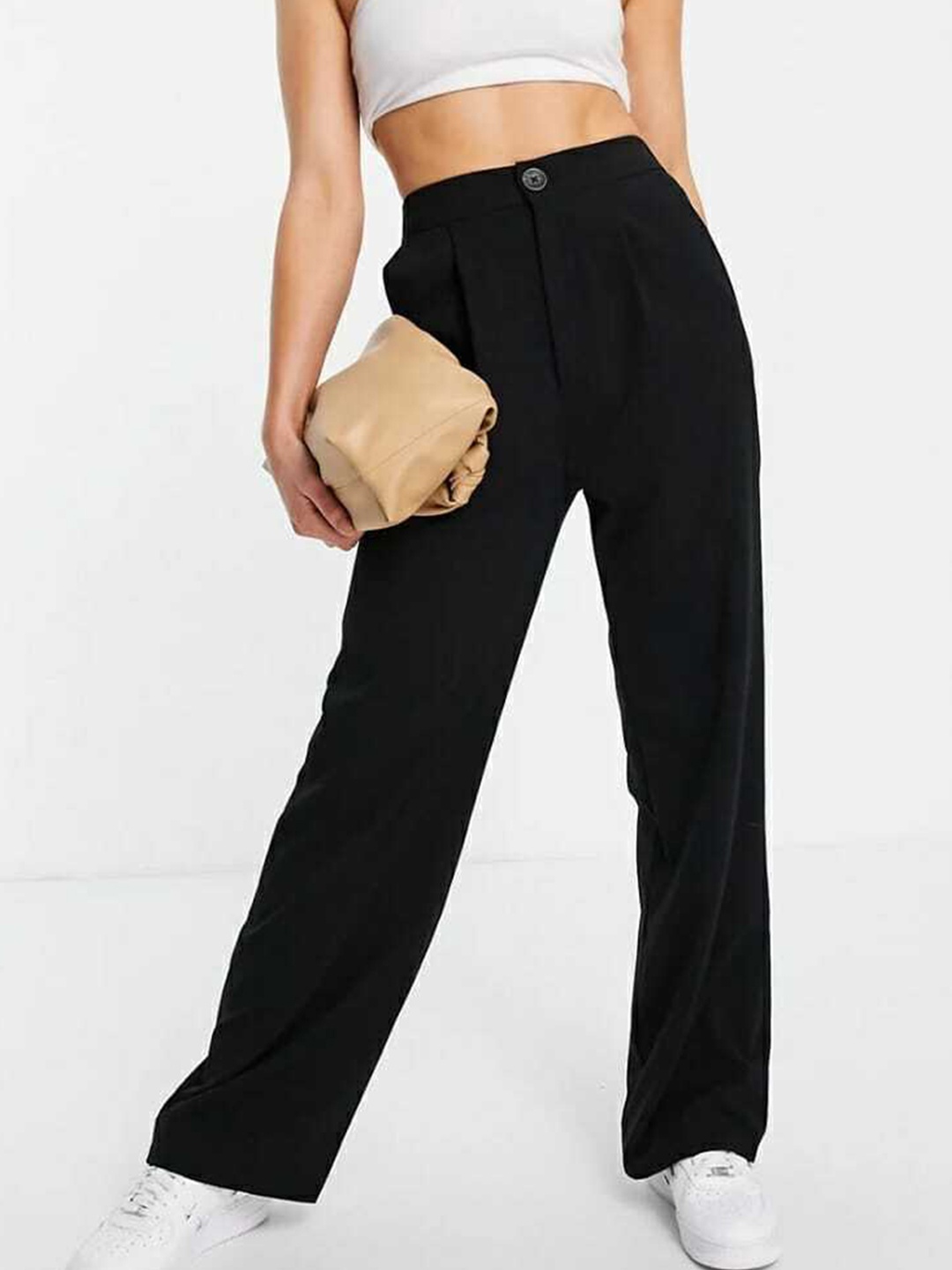 

Next One Women Relaxed Straight Leg Loose Fit High-Rise Easy Wash Pleated Trouser, Black