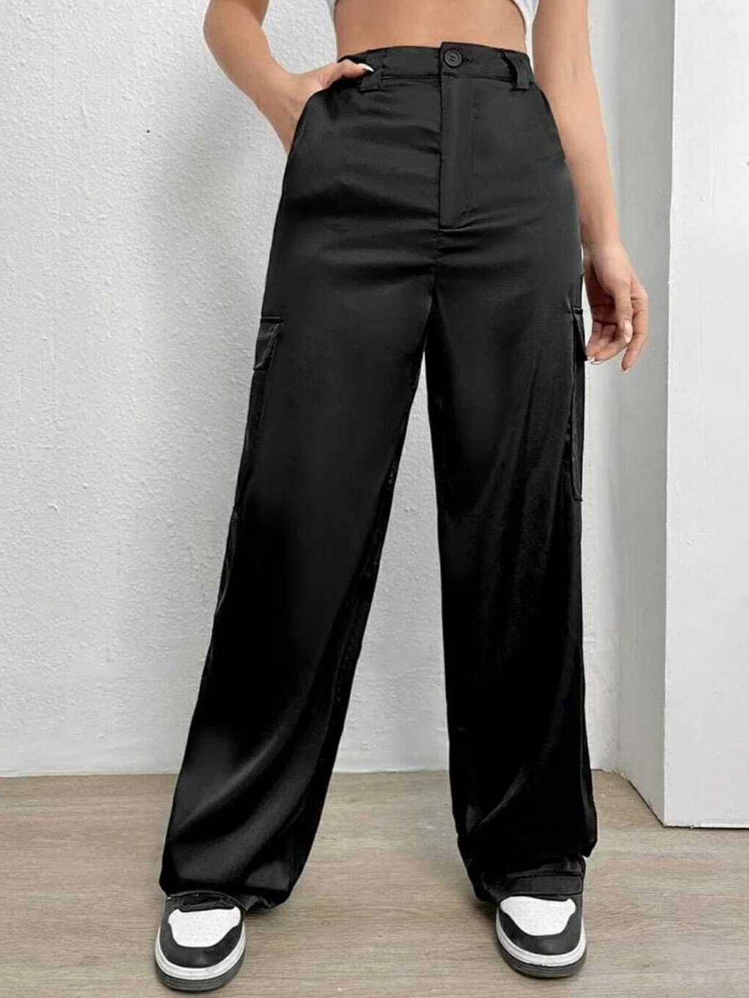 

Next One Women Relaxed Straight Leg Loose Fit High-Rise Easy Wash Cargos, Black