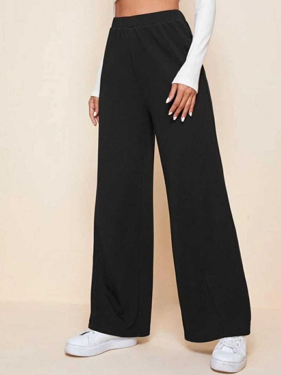

Next One Women Black Relaxed Straight Leg Loose Fit High-Rise Easy Wash Trousers
