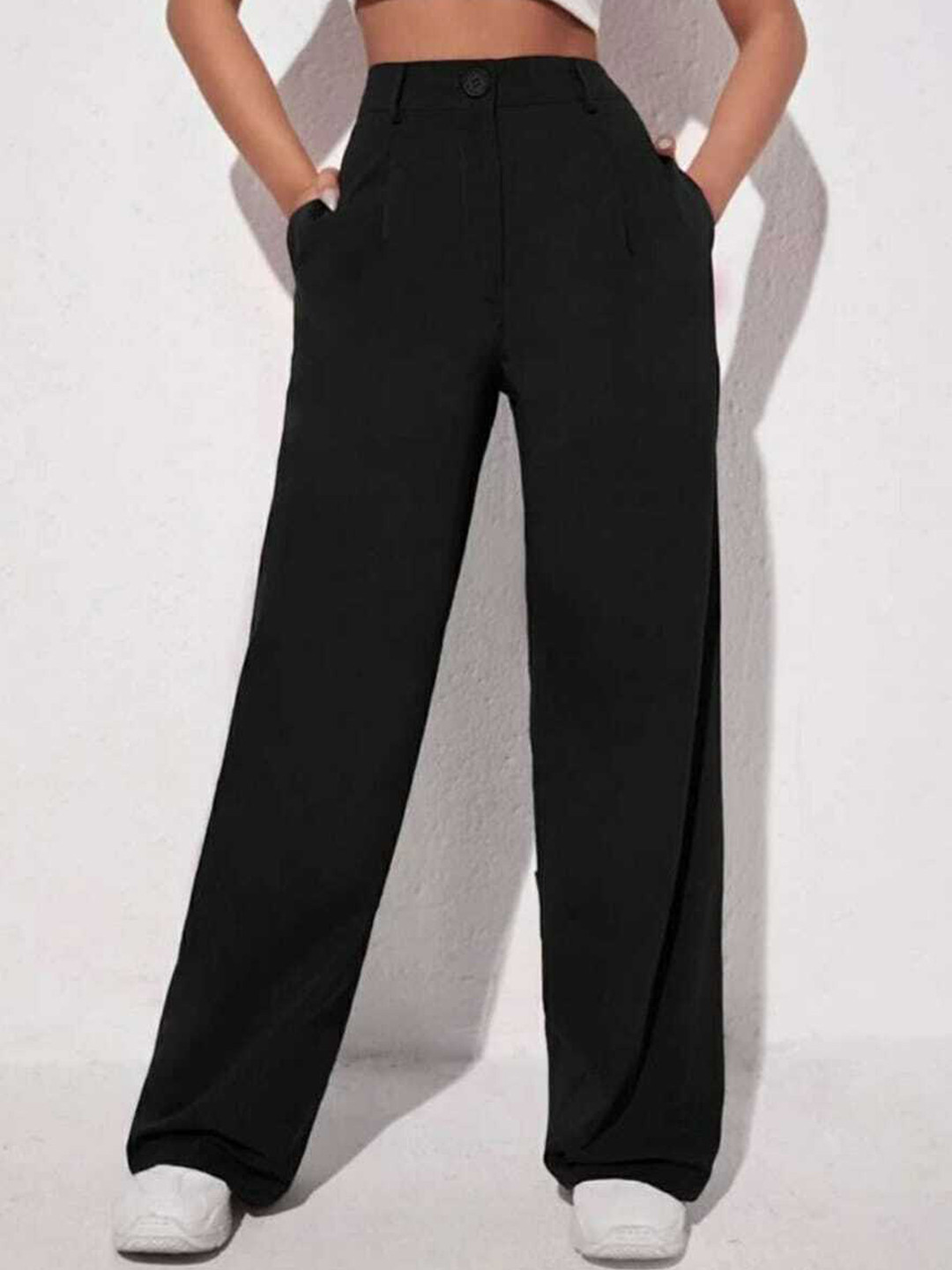 

Next One Women Relaxed Straight Leg Loose Fit High-Rise Easy Wash Pleated Trouser, Black