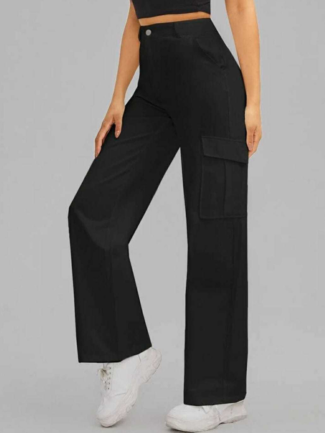 

Next One Women Striped Relaxed Straight Leg Loose Fit High-Rise Easy Wash Cargos Trouser, Black