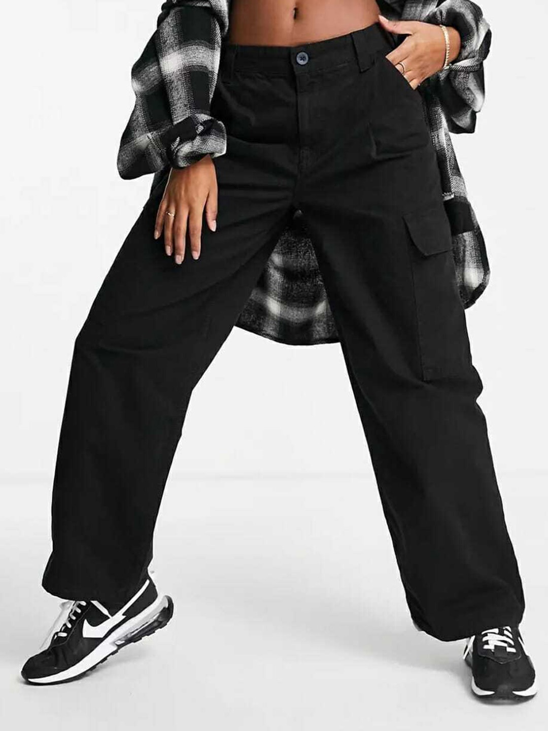 

Next One Women Relaxed Straight Leg Loose Fit High-Rise Easy Wash Cargos Trouser, Black