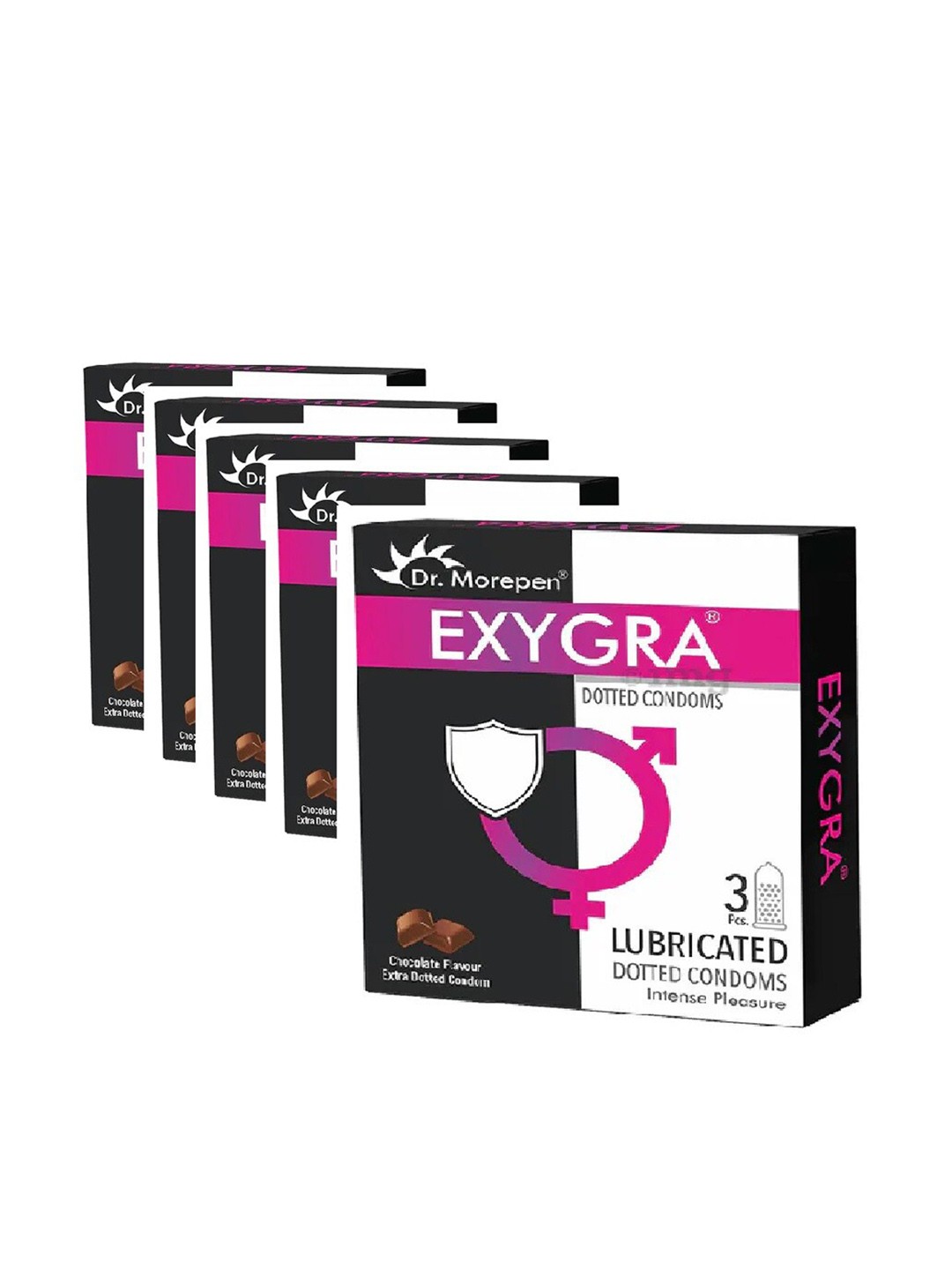 

Dr. Morepen Set of 10 Chocolate Flavour Exygra Lubricated Dotted Condoms - 3 Pcs Each, Black