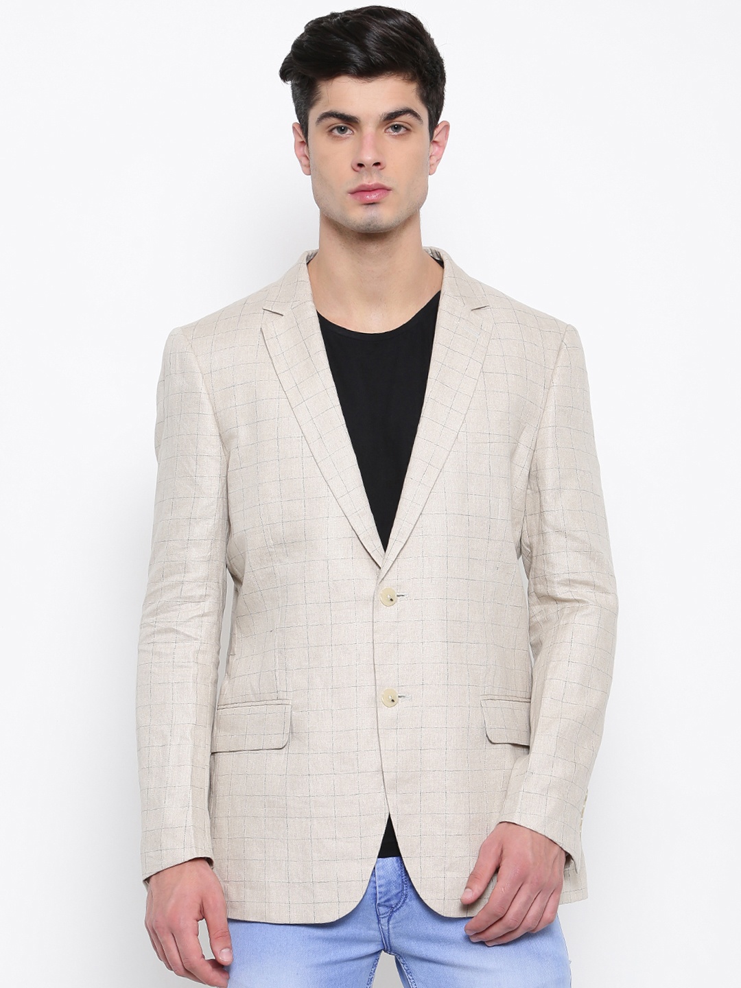 

U.S. Polo Assn. Beige & Black Checked Linen Regular Fit Single-Breasted Blazer