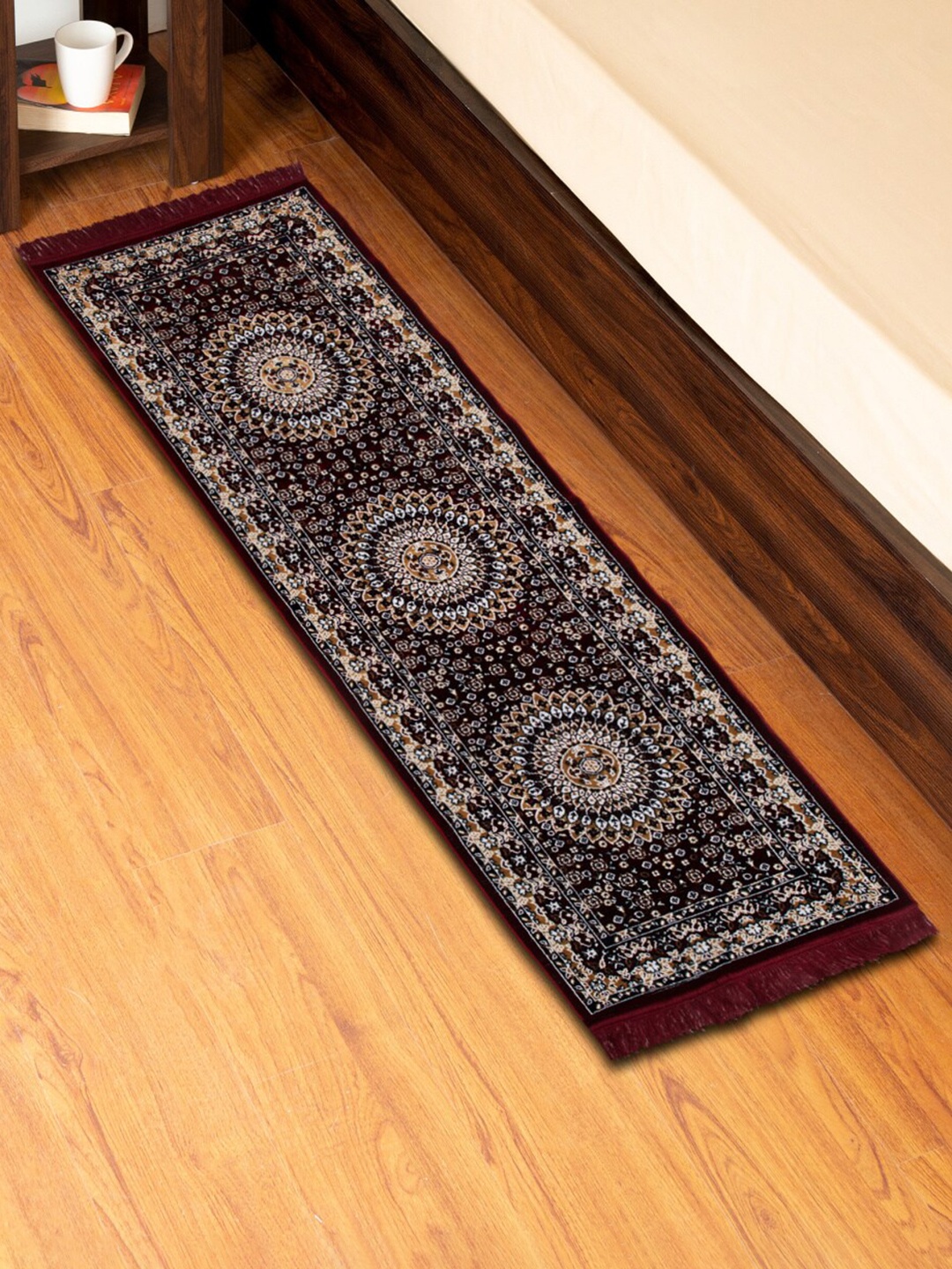 

Home Centre Corsica Classic Maroon & White Ethnic Motifs Chenille Running Dhurrie Carpet