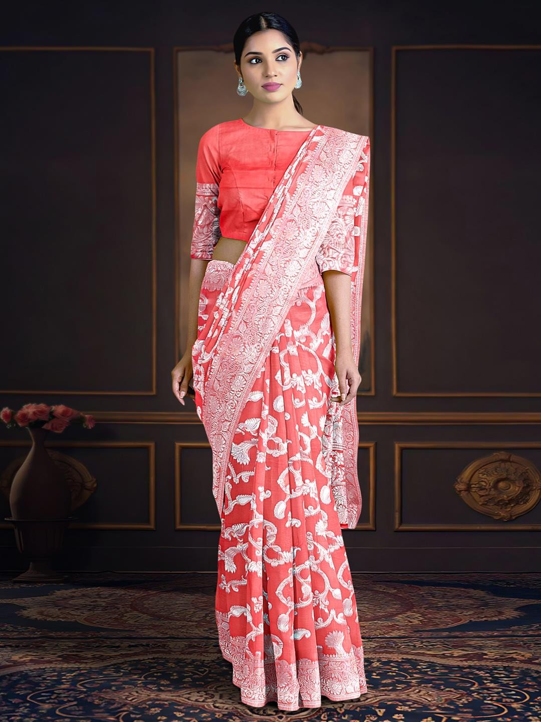 

Kalamandir Ethnic Motifs Woven Design Zari Saree, Coral