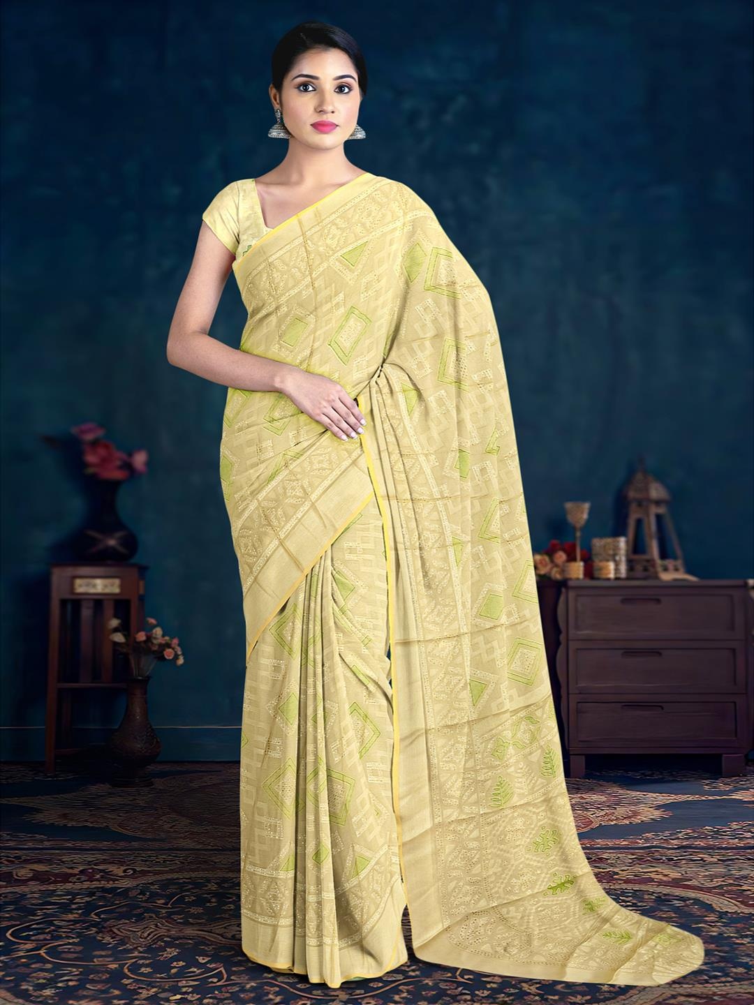 

Kalamandir Embellished Silk Blend Saree, Yellow