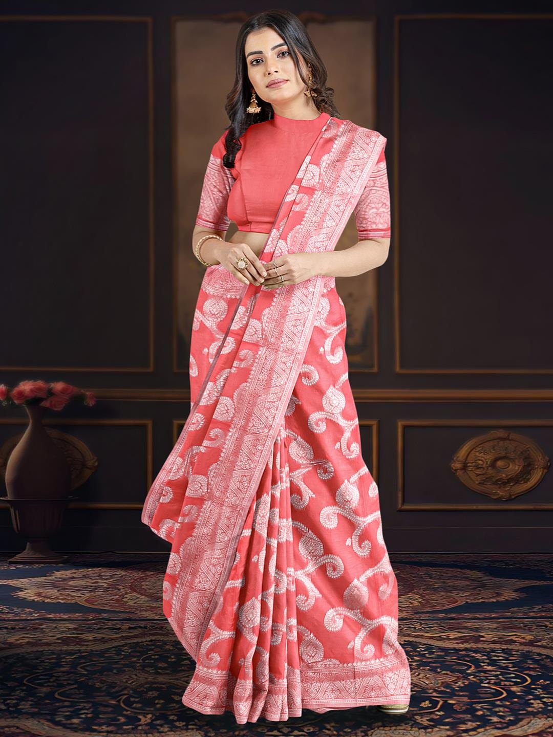 

Kalamandir Woven Design Zari Saree, Coral