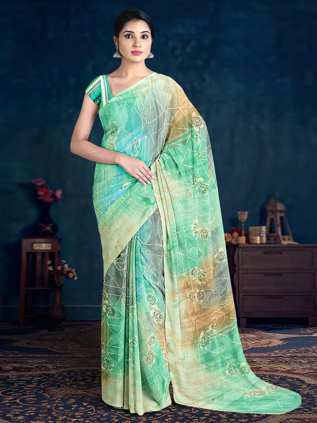 

Kalamandir Printed Silk Blend Saree, Sea green