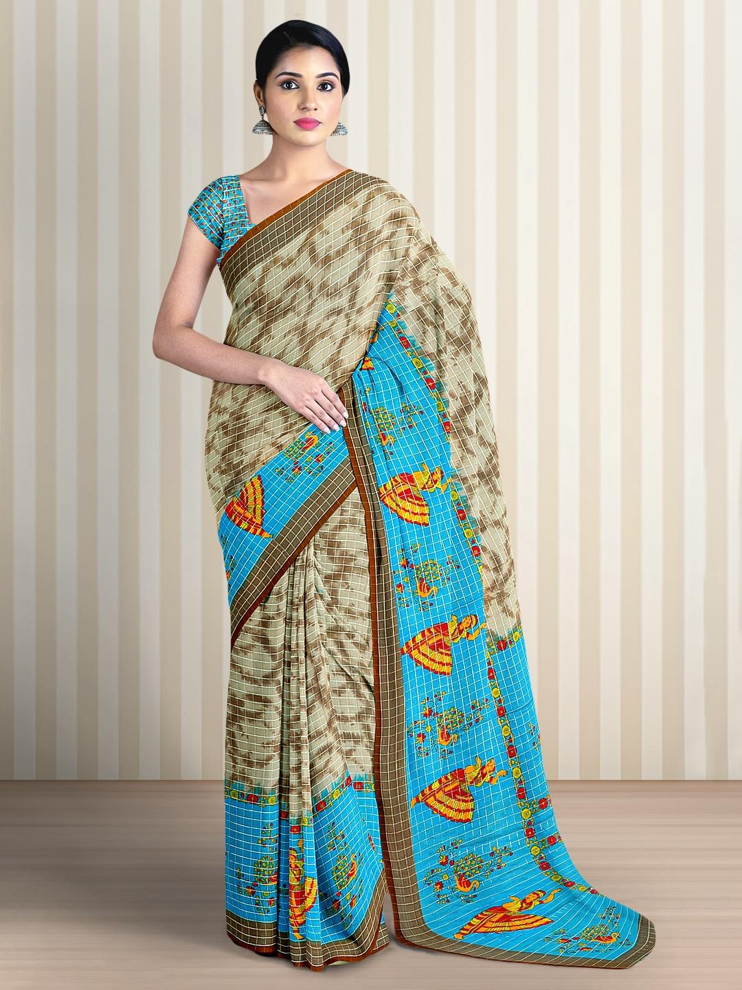 

Kalamandir Checked Silk Blend Saree, Beige