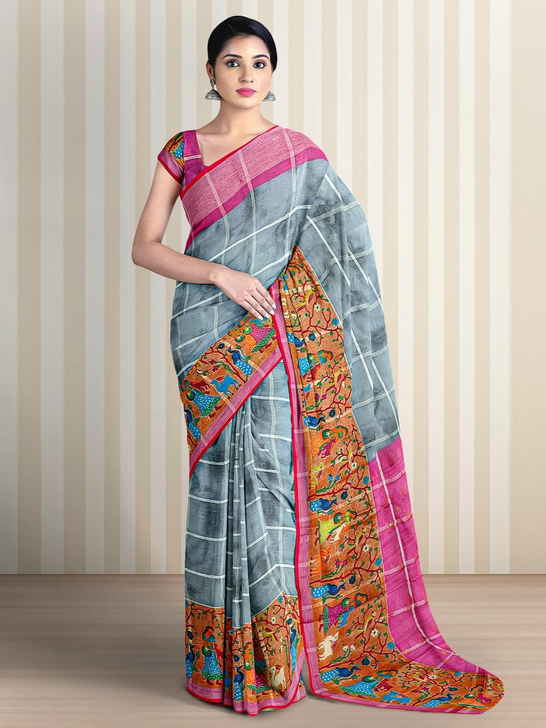 

Kalamandir Checked Printed Bordered Saree, Grey