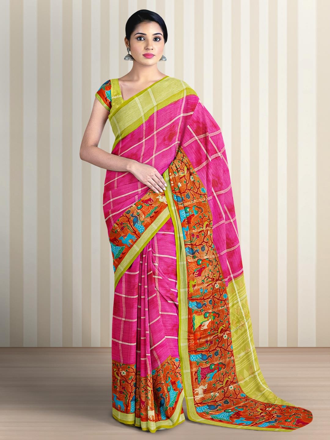 

Kalamandir Checked Printed Bordered Saree, Pink