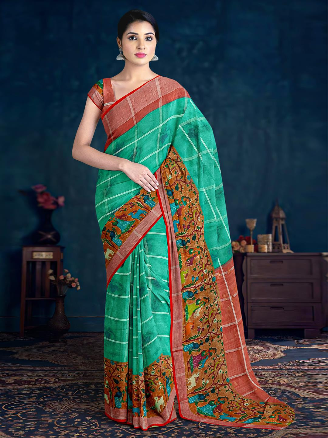 

Kalamandir Checked Printed Bordered Saree, Sea green