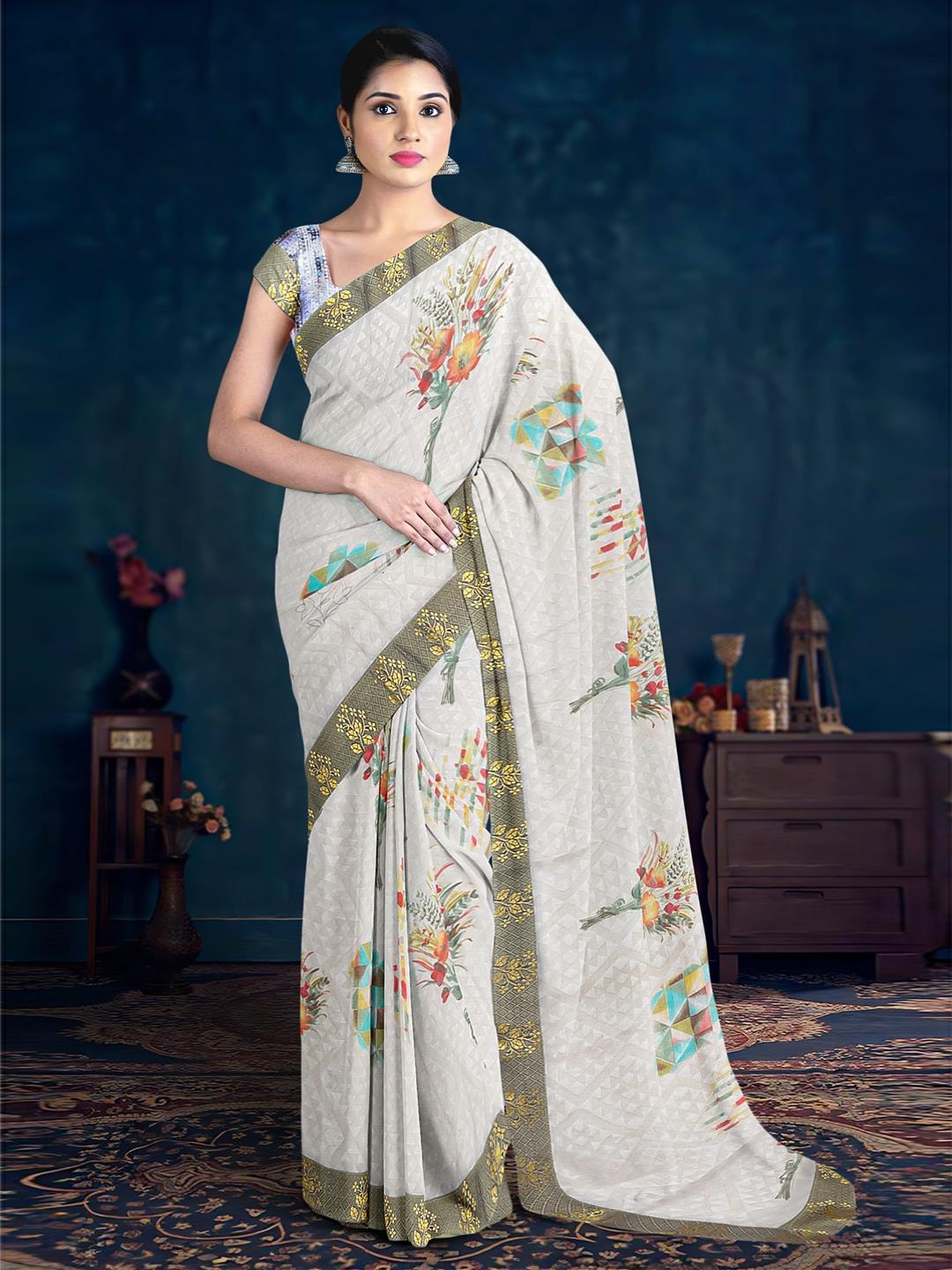 

Kalamandir Floral Printed Zari Saree, Grey