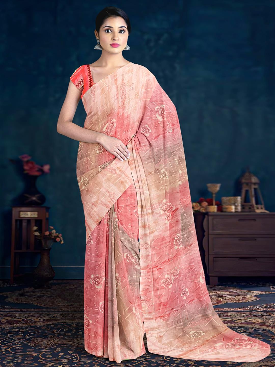 

Kalamandir Abstract Printed Saree, Coral