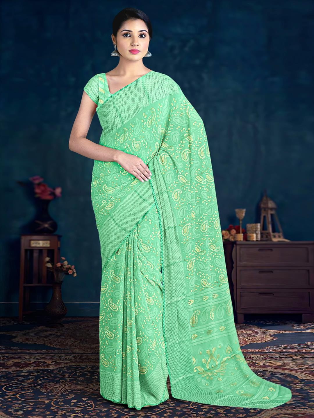 

Kalamandir Paisley Printed Silk Blend Saree, Sea green