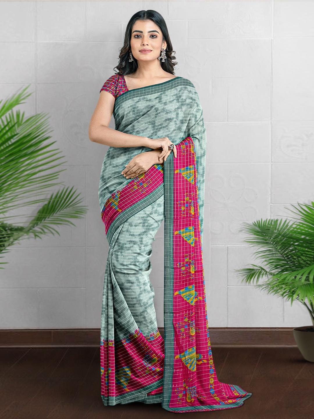 

Kalamandir Checked Silk Blend Ready to Wear Saree, Grey