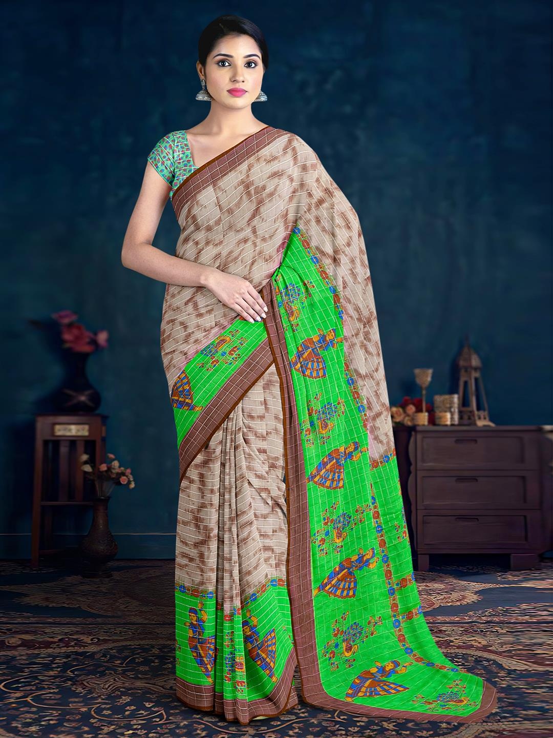 

Kalamandir Checked Silk Blend Saree, Brown