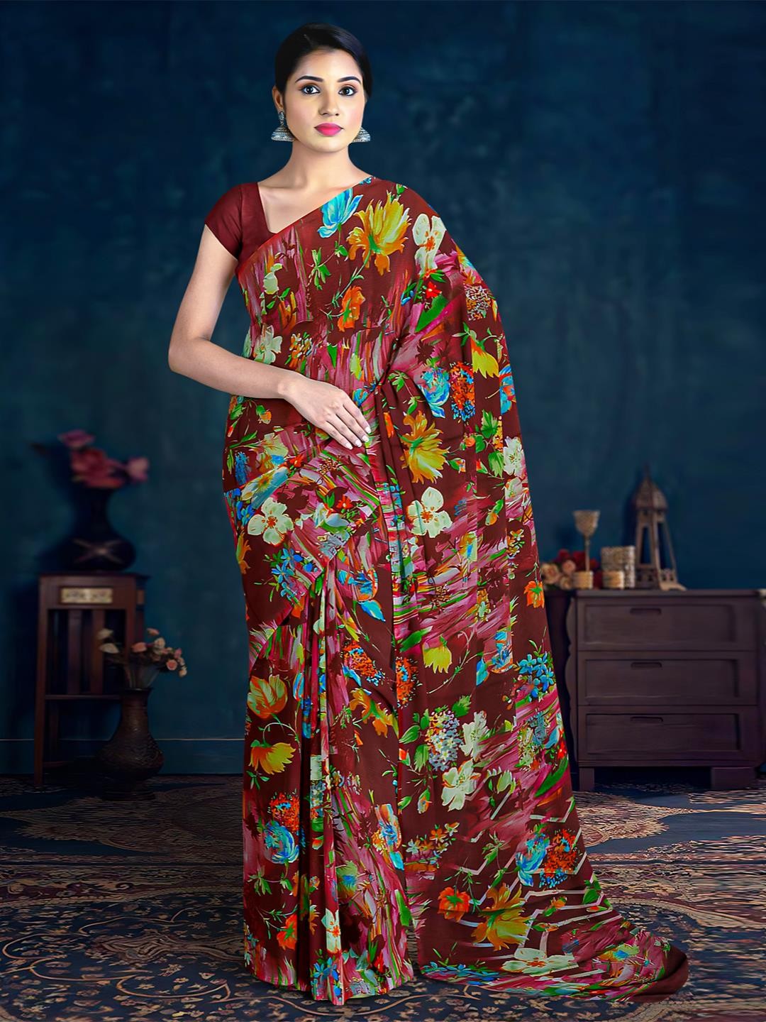 

Kalamandir Floral Printed Saree, Maroon