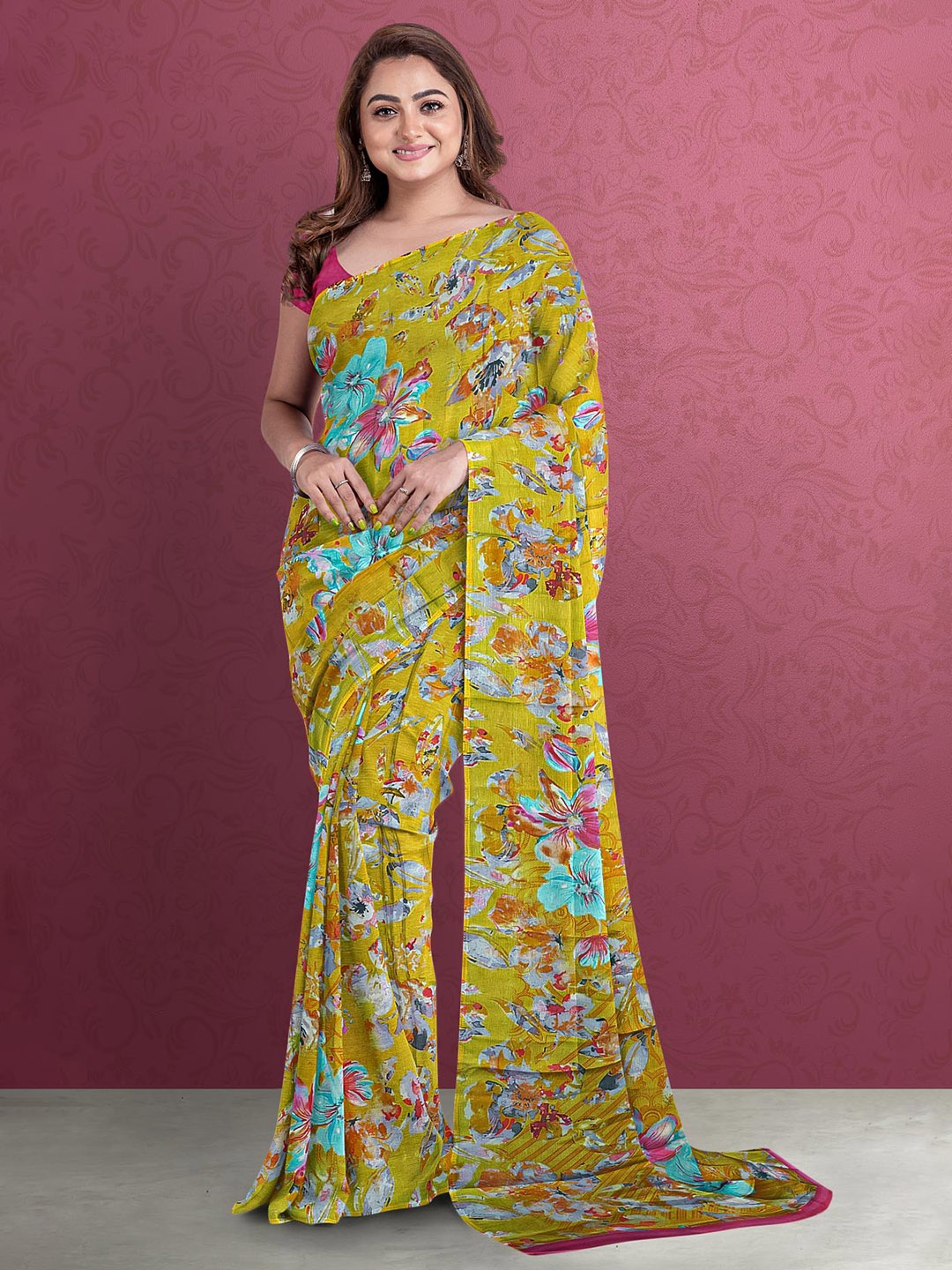

Kalamandir Floral Printed Saree, Olive