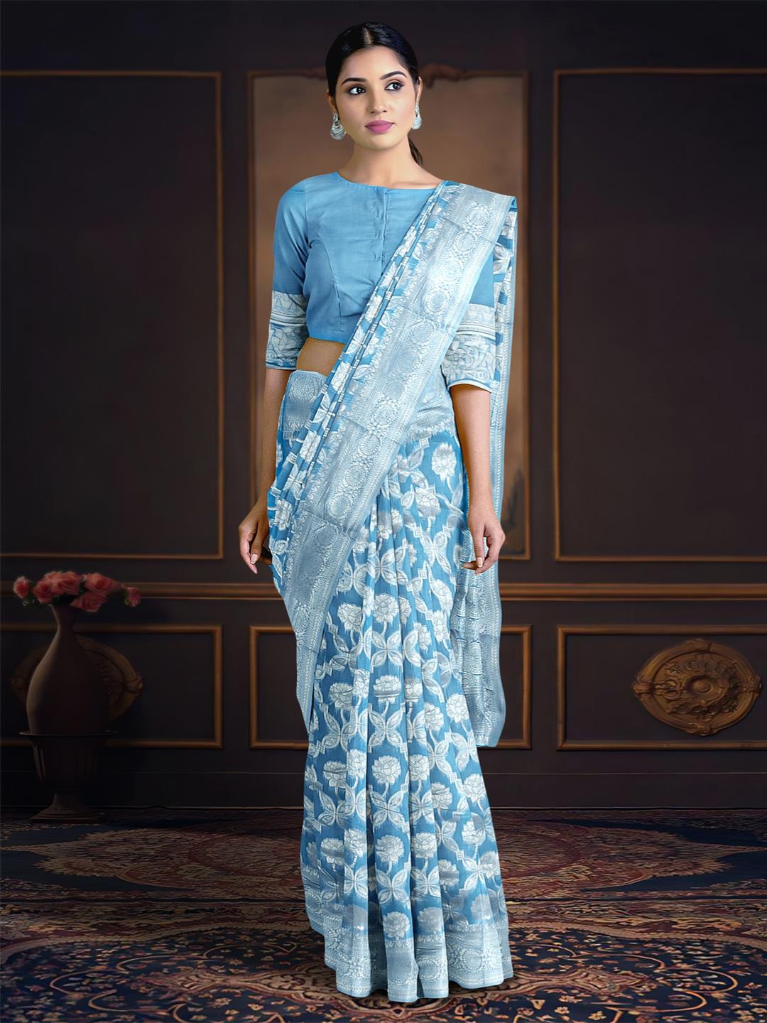 

Kalamandir Floral Woven Design Zari Saree, Blue