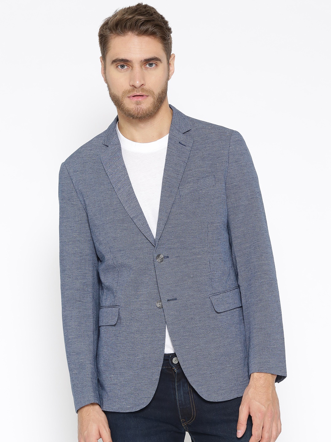 

U.S. Polo Assn. Men Navy Blue Self-Checked Single-Breasted Casual Blazer
