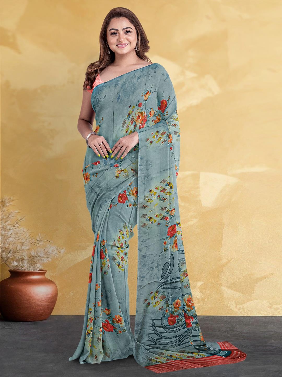 

Kalamandir Floral Printed Saree, Grey