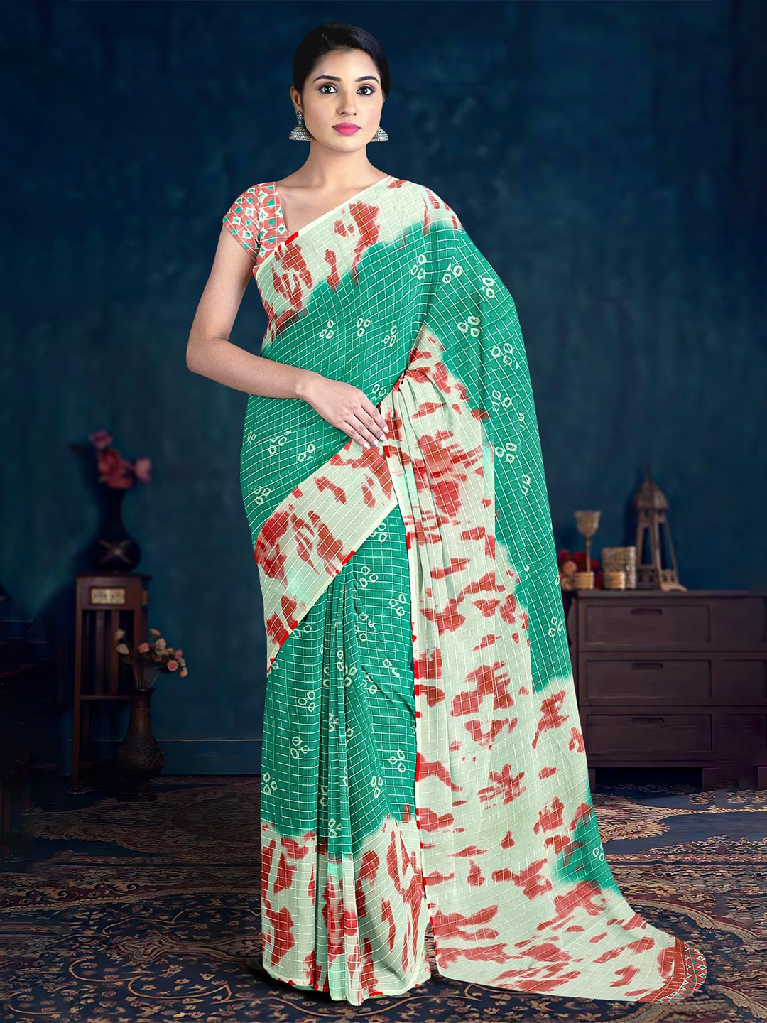 

Kalamandir Printed Checked Saree, Sea green