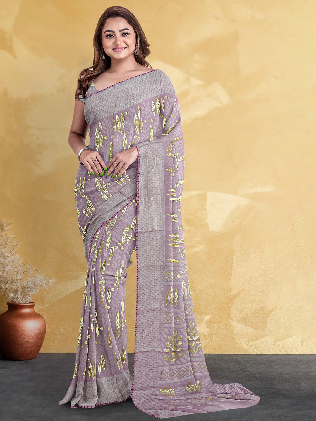 

Kalamandir Floral Printed Silk Blend Saree, Lavender