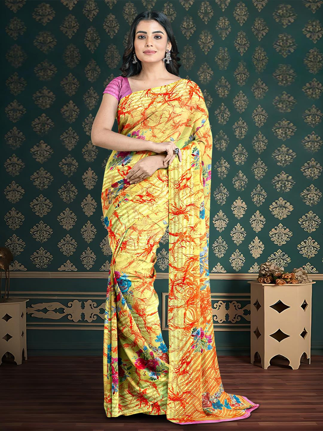 

Kalamandir Floral Printed Saree, Yellow