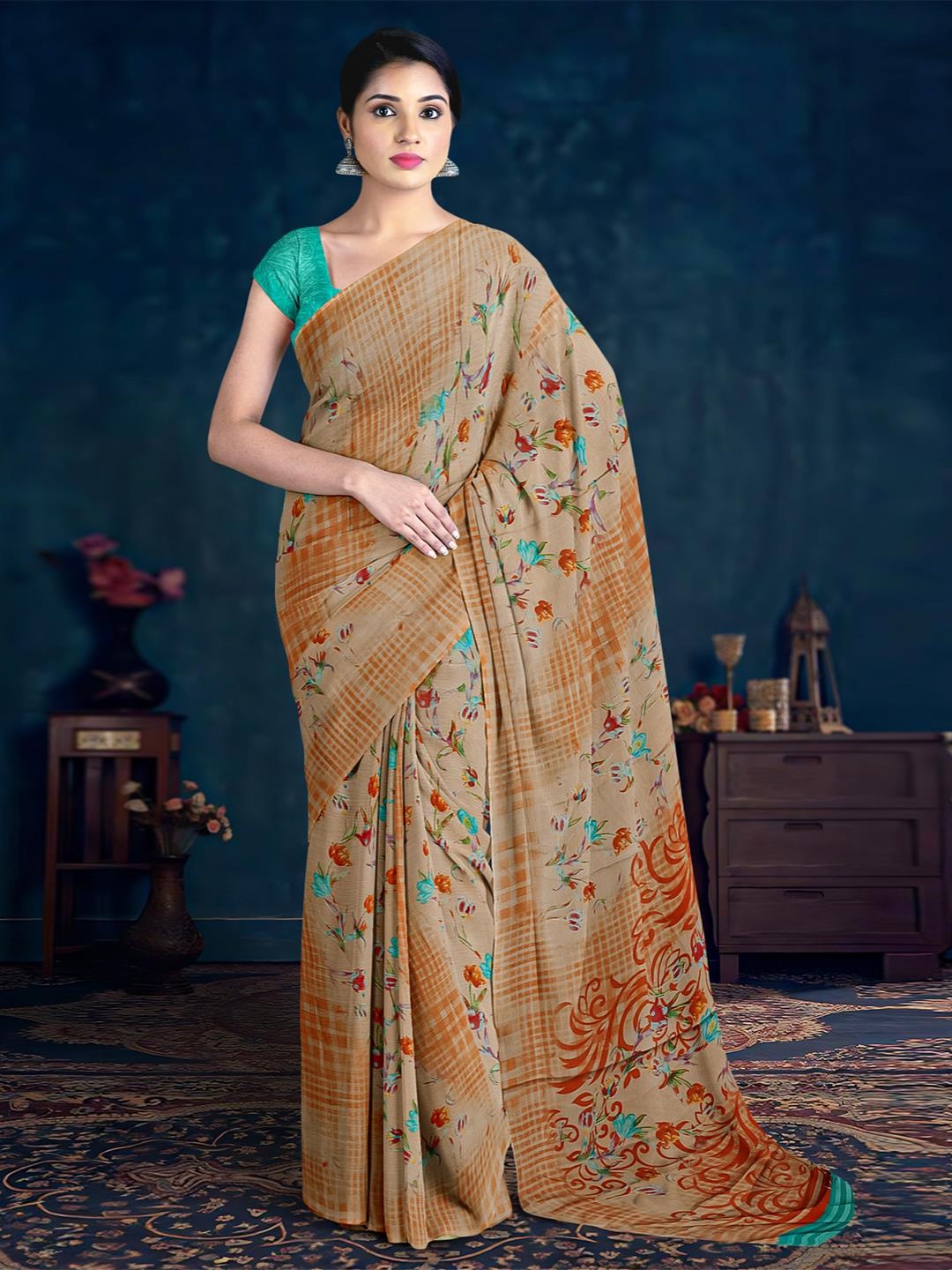 

Kalamandir Floral Saree With Blouse Piece, Beige