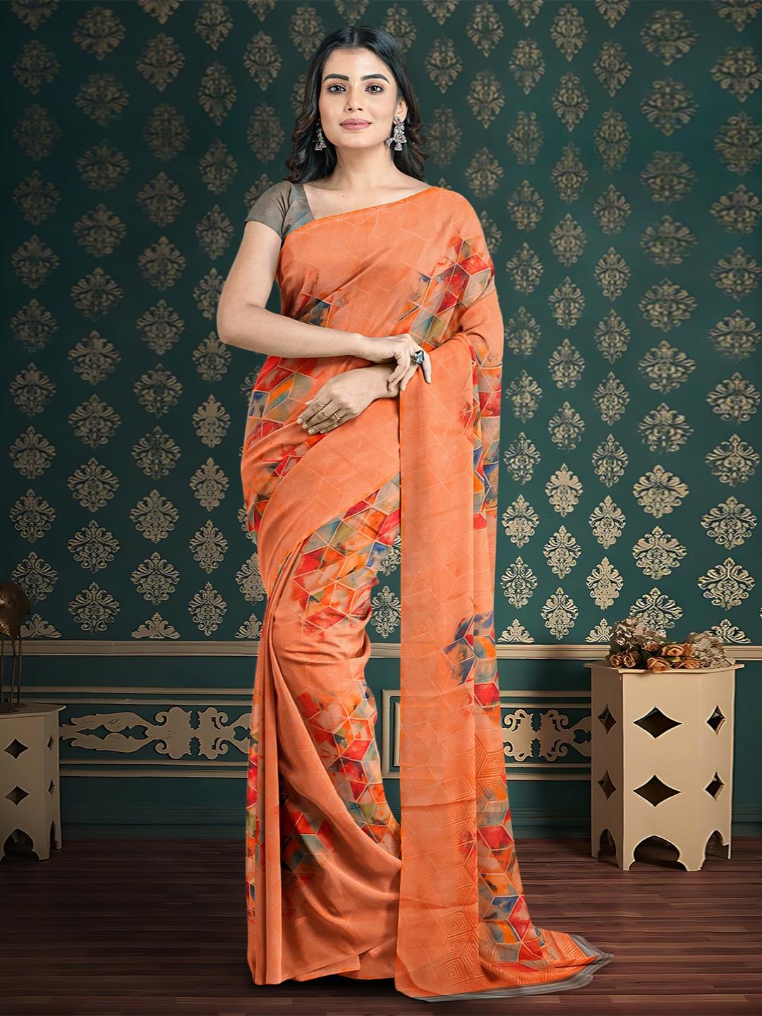 

Kalamandir Geometric Printed Silk Blend Saree, Orange