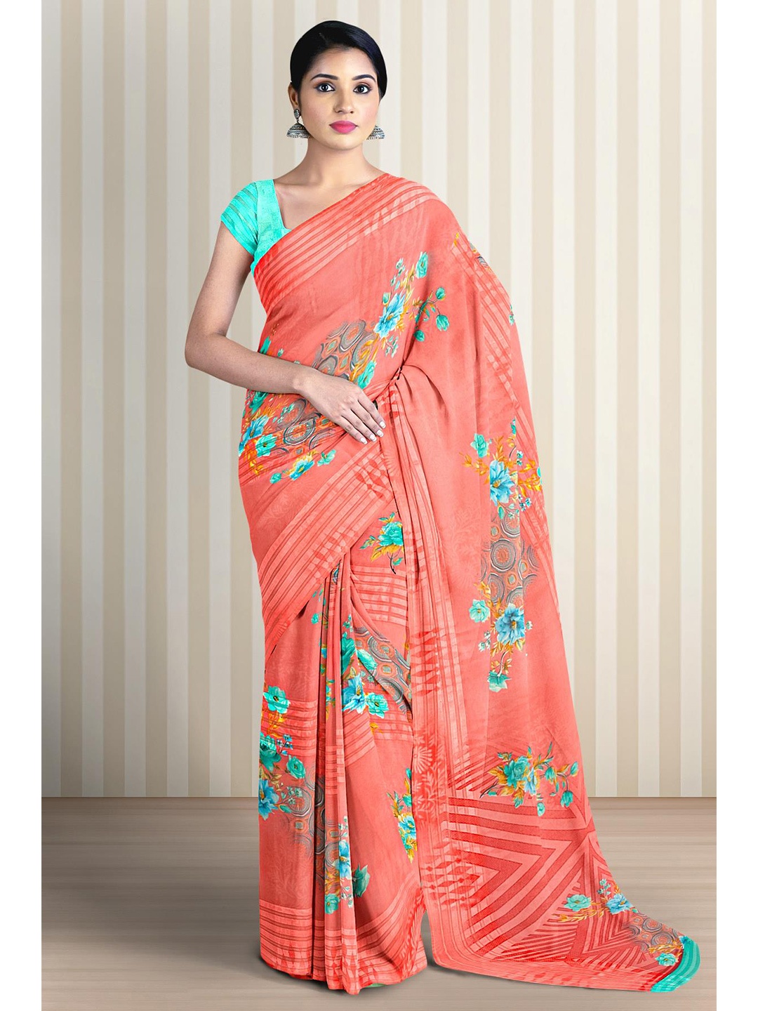 

Kalamandir Floral Printed Saree, Coral