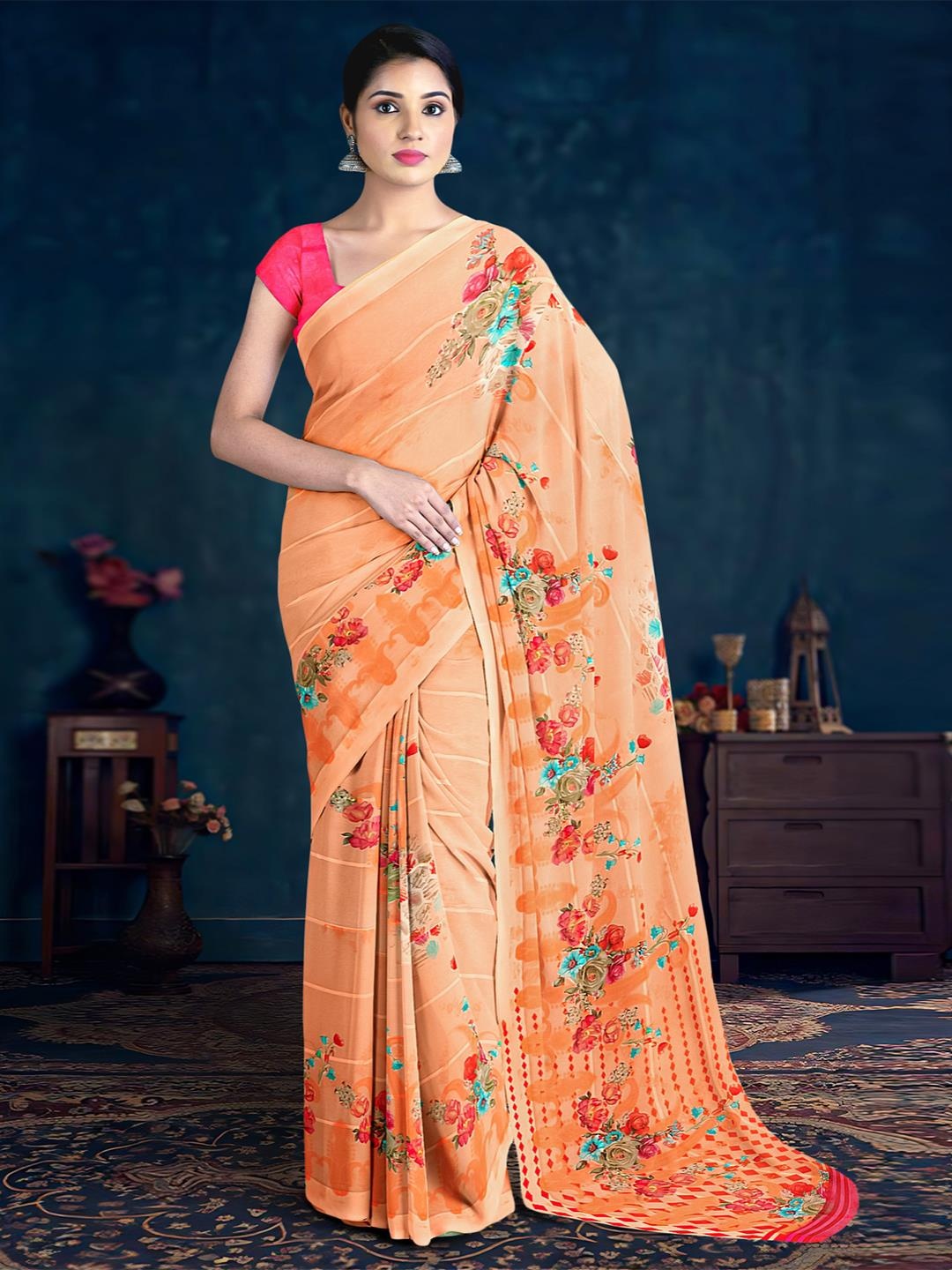 

Kalamandir Floral Silk Blend Saree, Orange
