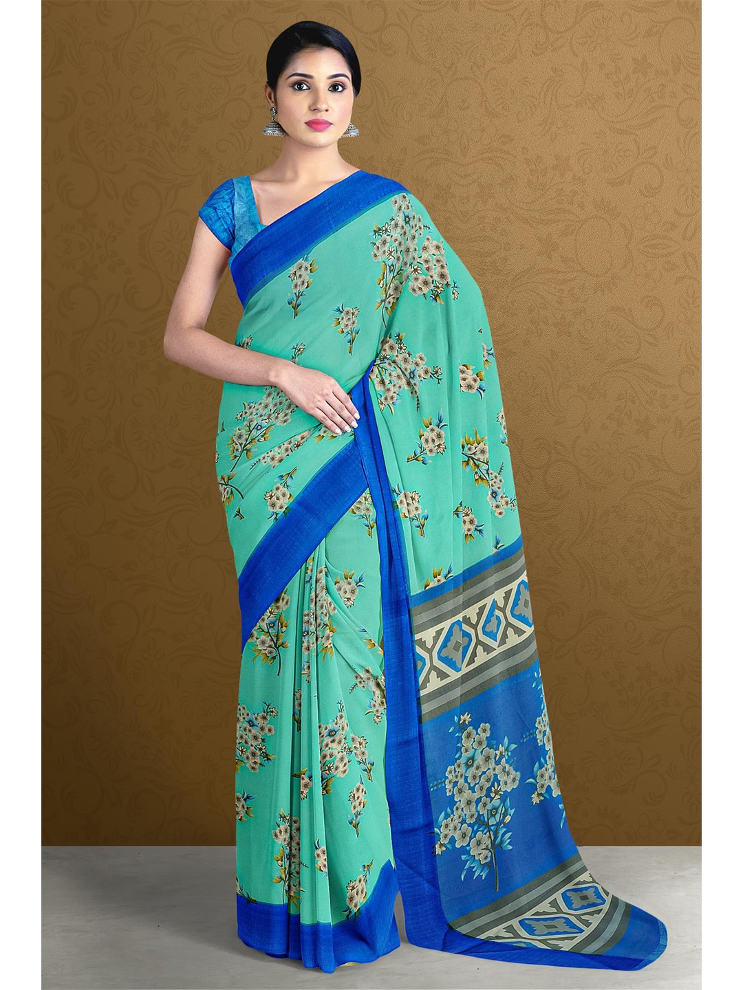 

Kalamandir Floral Saree With Blouse Piece, Turquoise blue