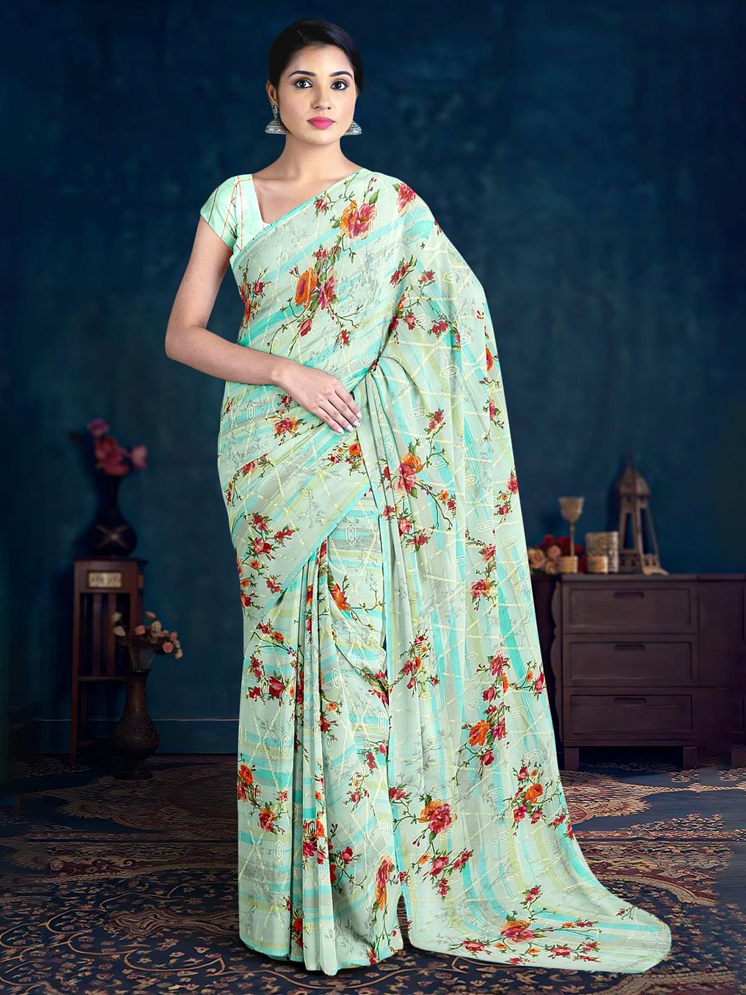 

Kalamandir Floral Printed Zari Saree, Blue