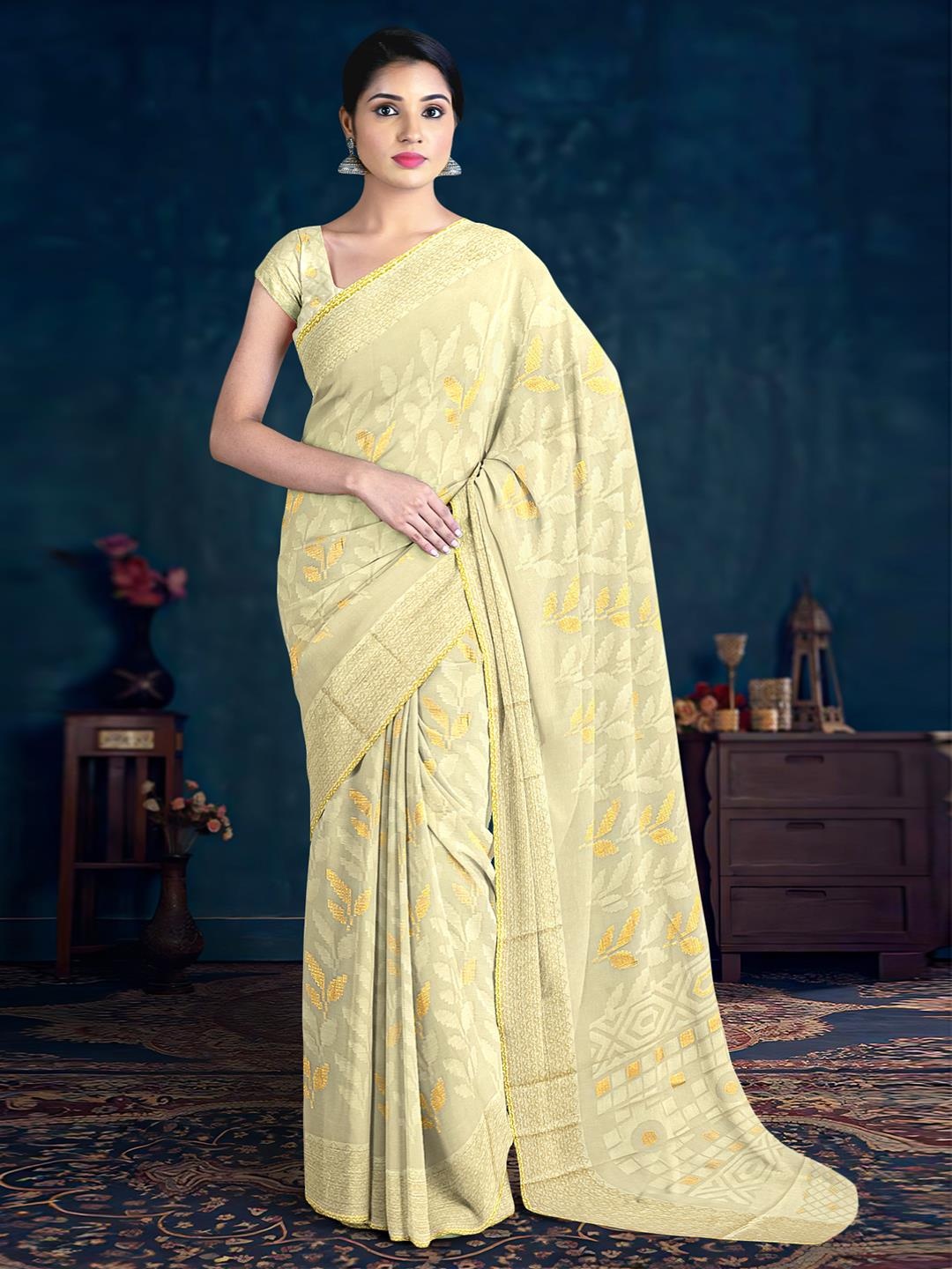 

Kalamandir Floral Printed Saree, Cream